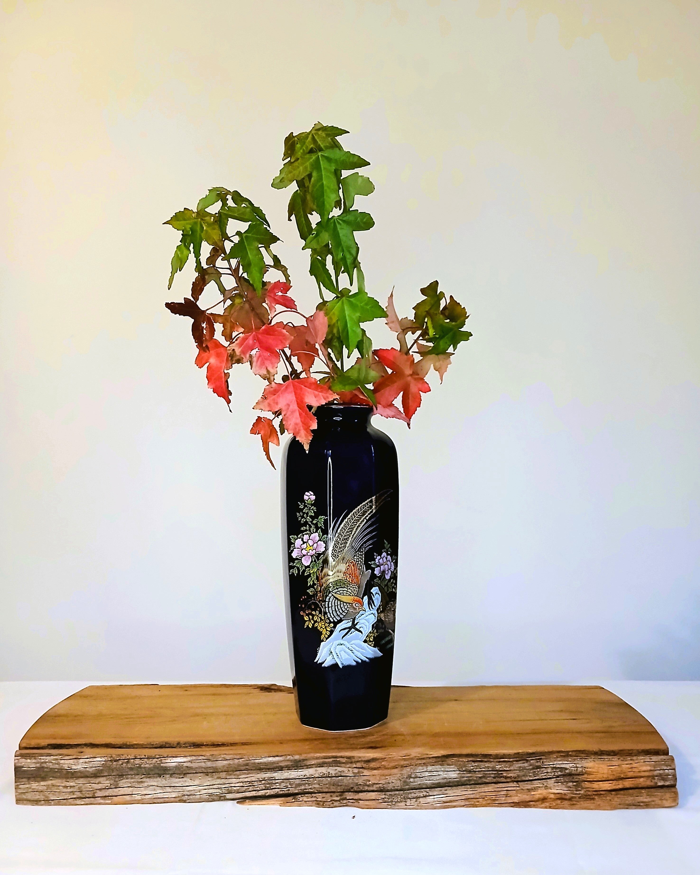Japanese Cobalt Blue Porcelain Vase — Golden Pheasant & Peony - The Plant Warehouse NZ
