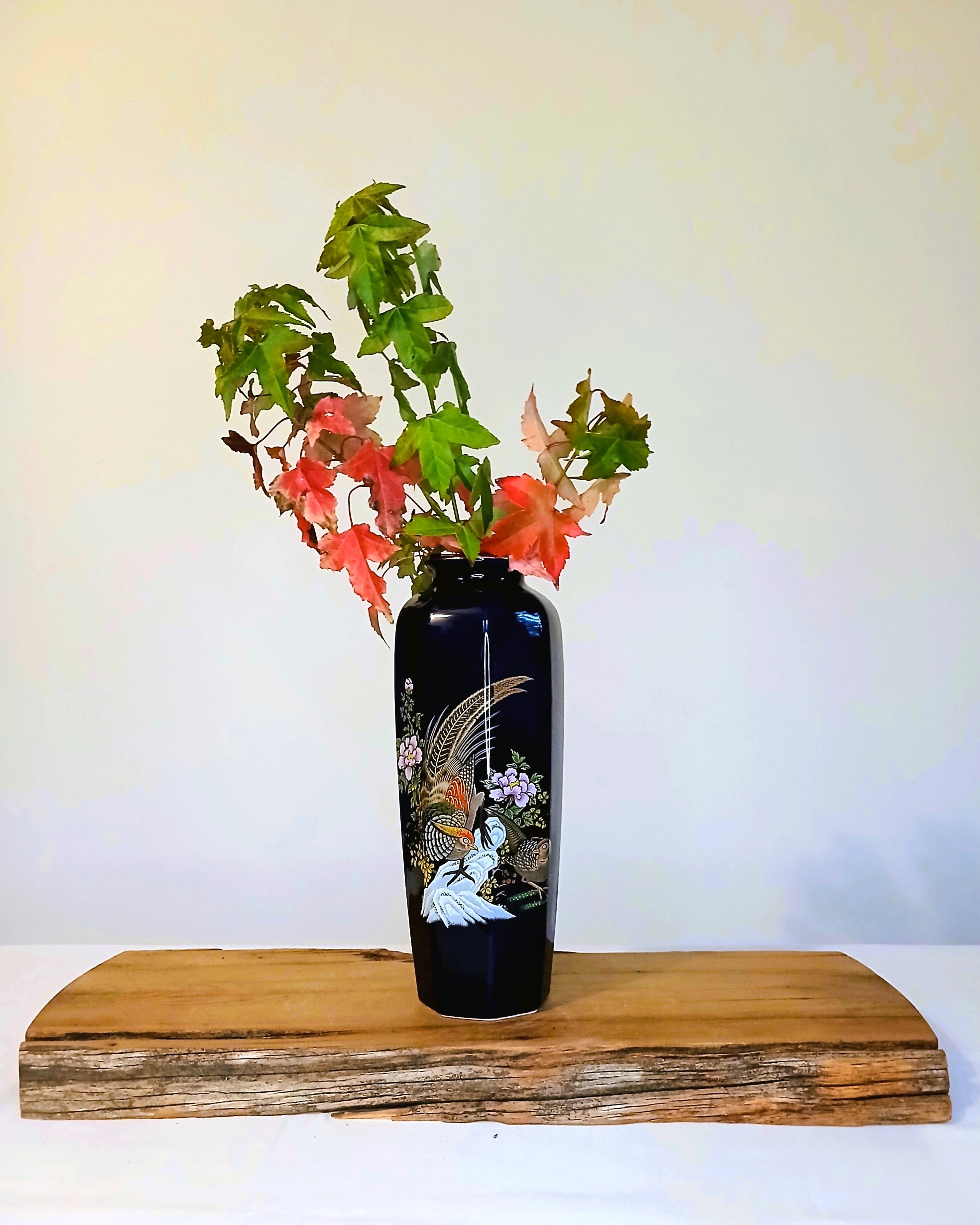 Japanese Cobalt Blue Porcelain Vase — Golden Pheasant & Peony - The Plant Warehouse NZ