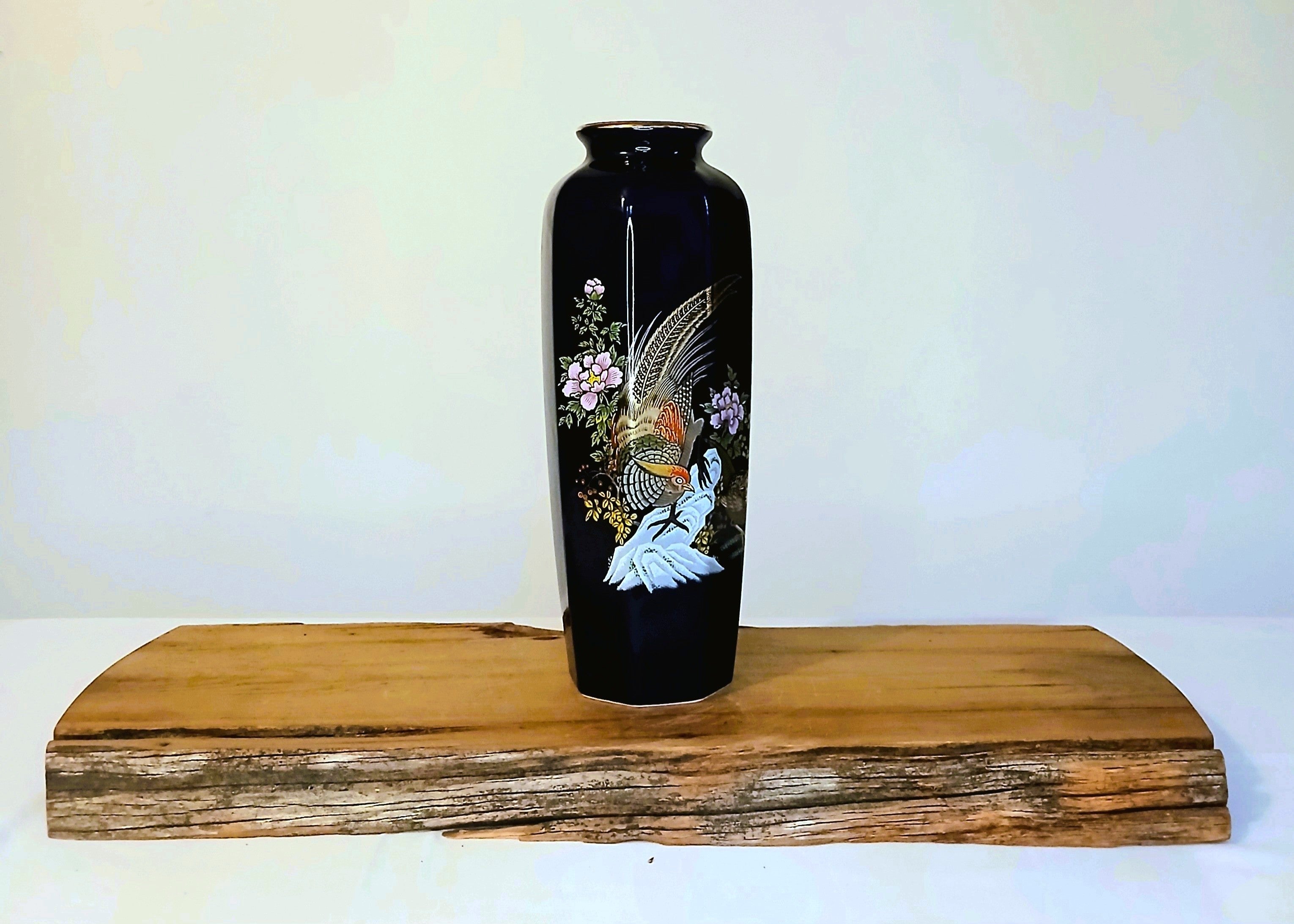 Japanese Cobalt Blue Porcelain Vase — Golden Pheasant & Peony - The Plant Warehouse NZ