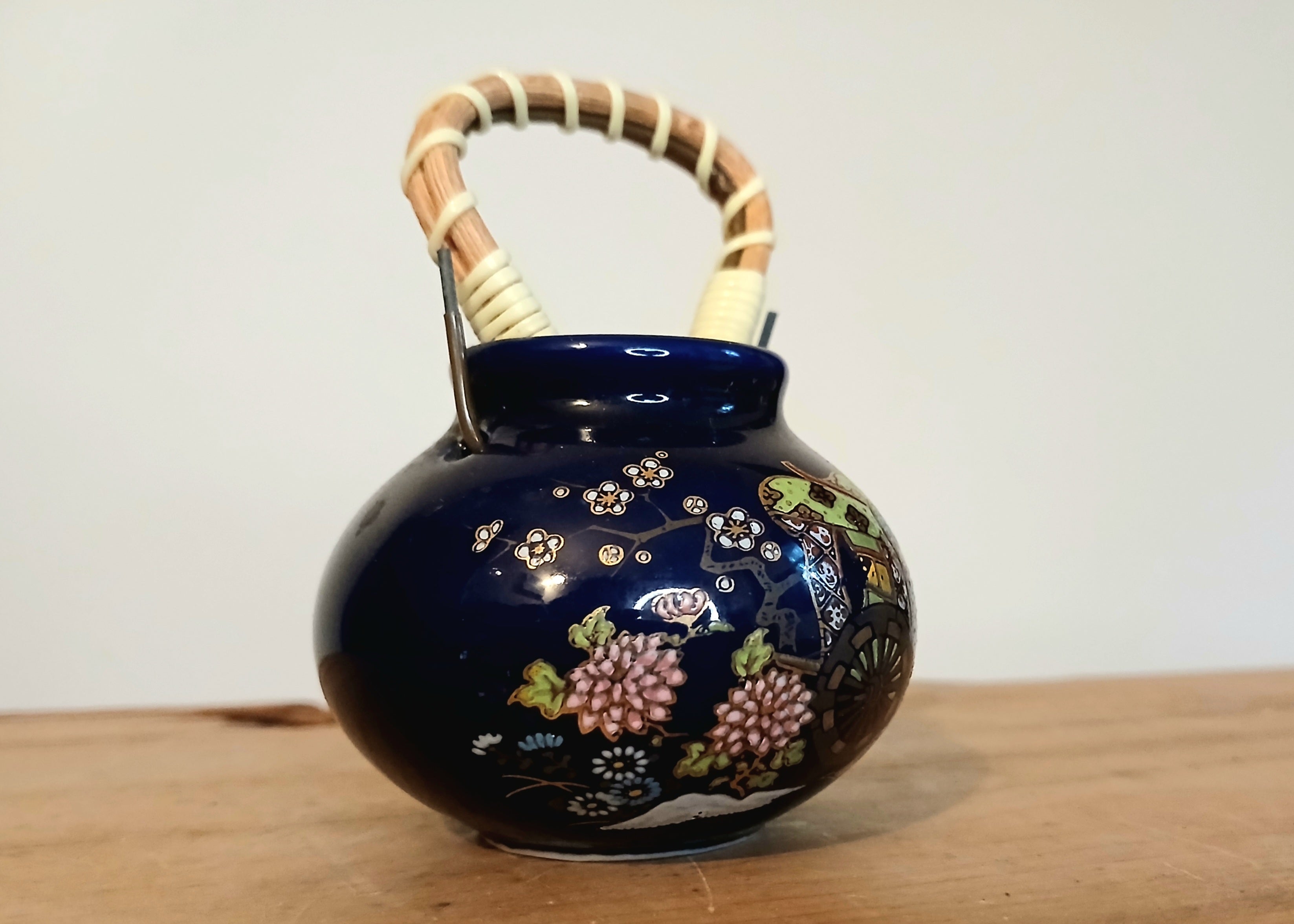 Seiko Miniature Vase – Cobalt Blue Porcelain with Wagon & Sakura Scene, Japan - The Plant Warehouse NZ