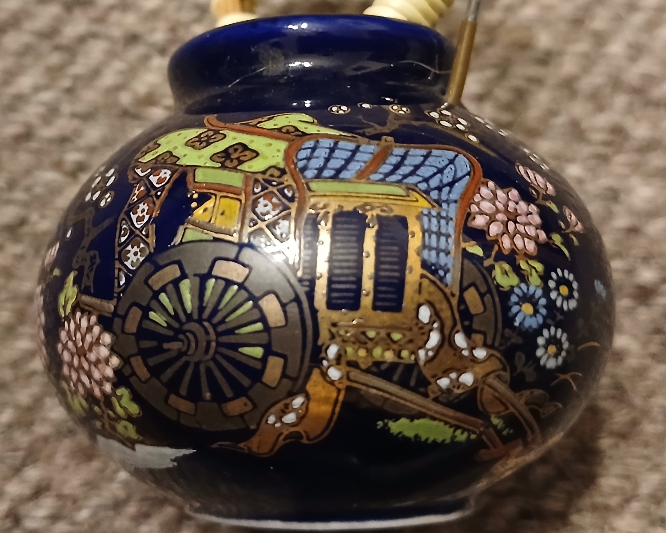 Seiko Miniature Vase – Cobalt Blue Porcelain with Wagon & Sakura Scene, Japan - The Plant Warehouse NZ