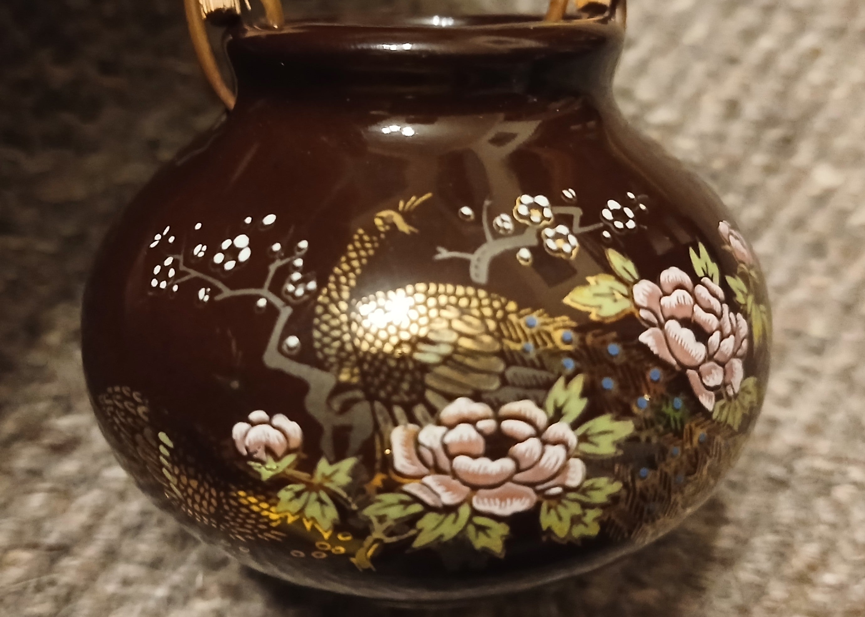 Seiko Miniature Vase – Dark Brown Porcelain with Peacock & Peony, Japan - The Plant Warehouse NZ