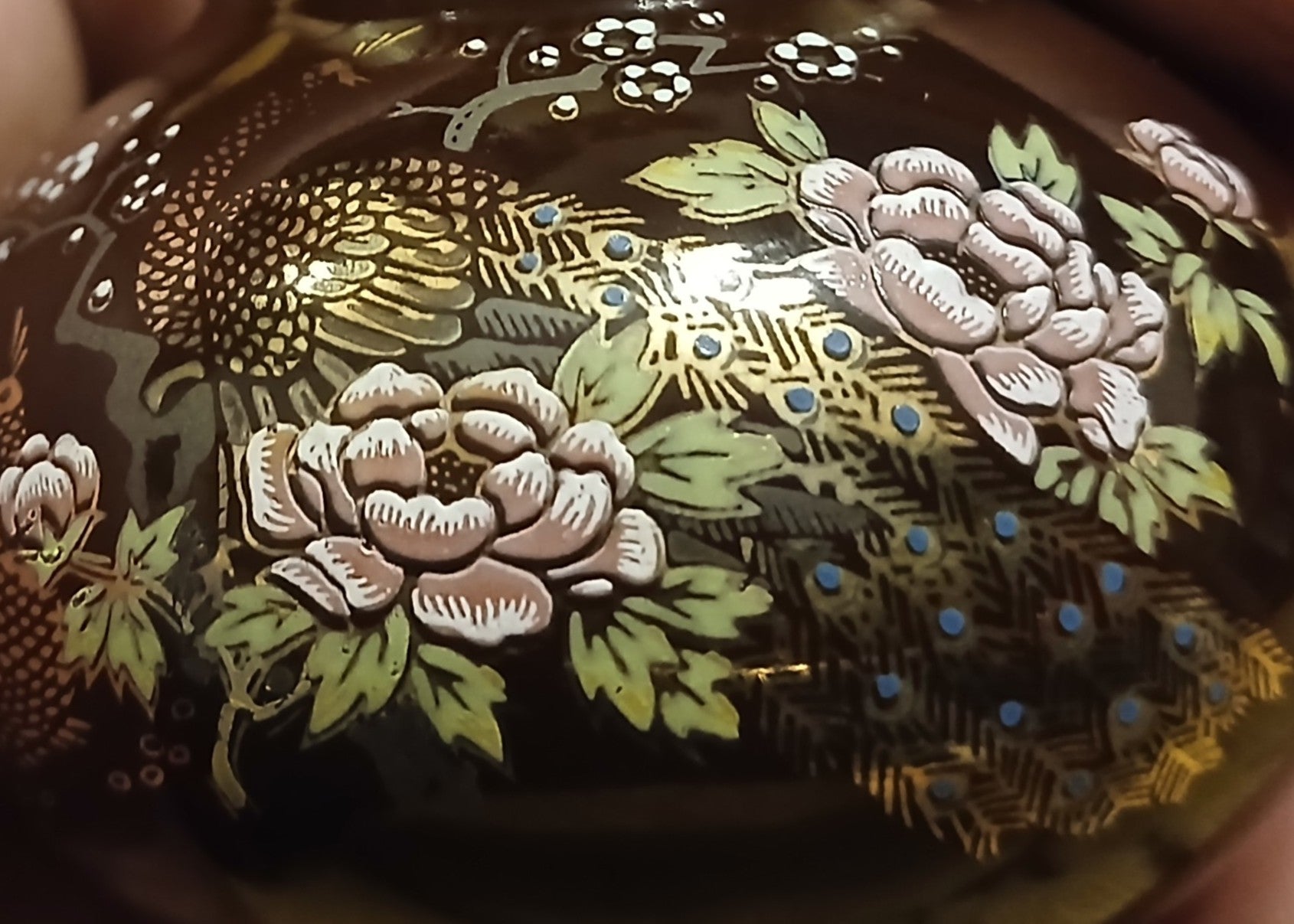 Seiko Miniature Vase – Dark Brown Porcelain with Peacock & Peony, Japan - The Plant Warehouse NZ