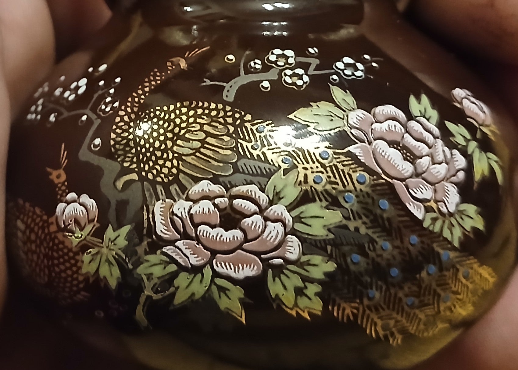 Seiko Miniature Vase – Dark Brown Porcelain with Peacock & Peony, Japan - The Plant Warehouse NZ