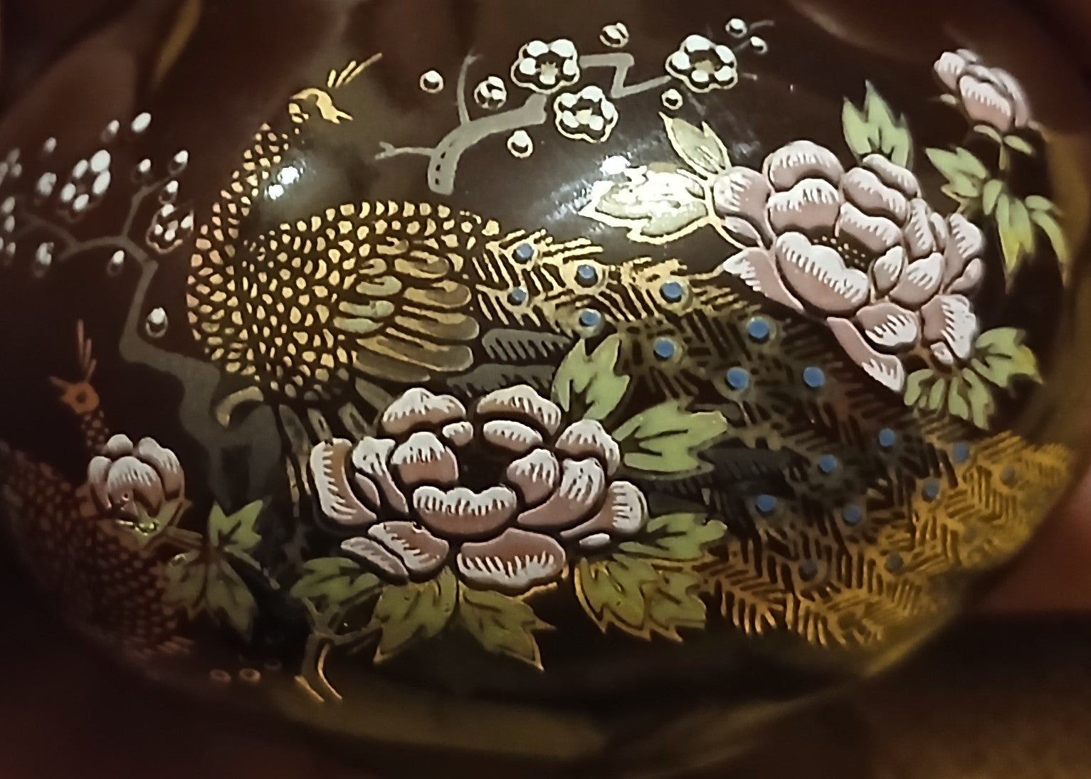 Seiko Miniature Vase – Dark Brown Porcelain with Peacock & Peony, Japan - The Plant Warehouse NZ