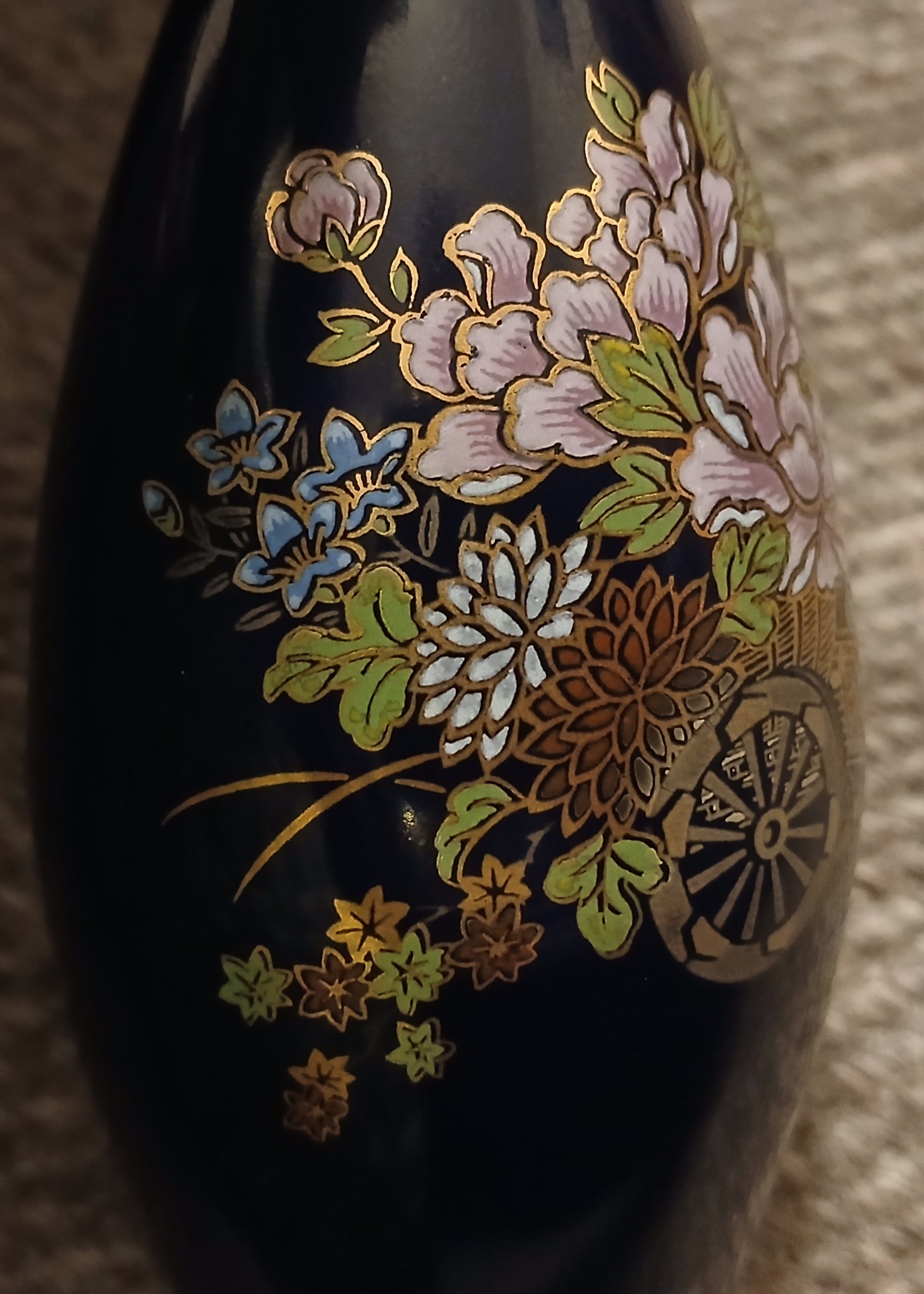 Japanese Fine China Cobalt Blue Vase — Hand-Painted Peony, Cherry Blossom & Ox-Cart - The Plant Warehouse NZ