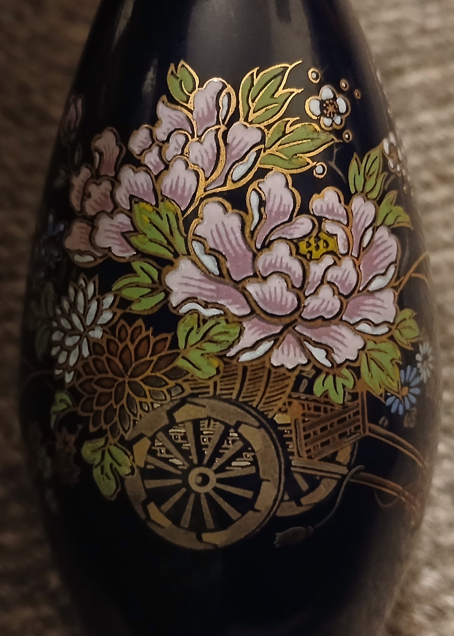 Japanese Fine China Cobalt Blue Vase — Hand-Painted Peony, Cherry Blossom & Ox-Cart - The Plant Warehouse NZ