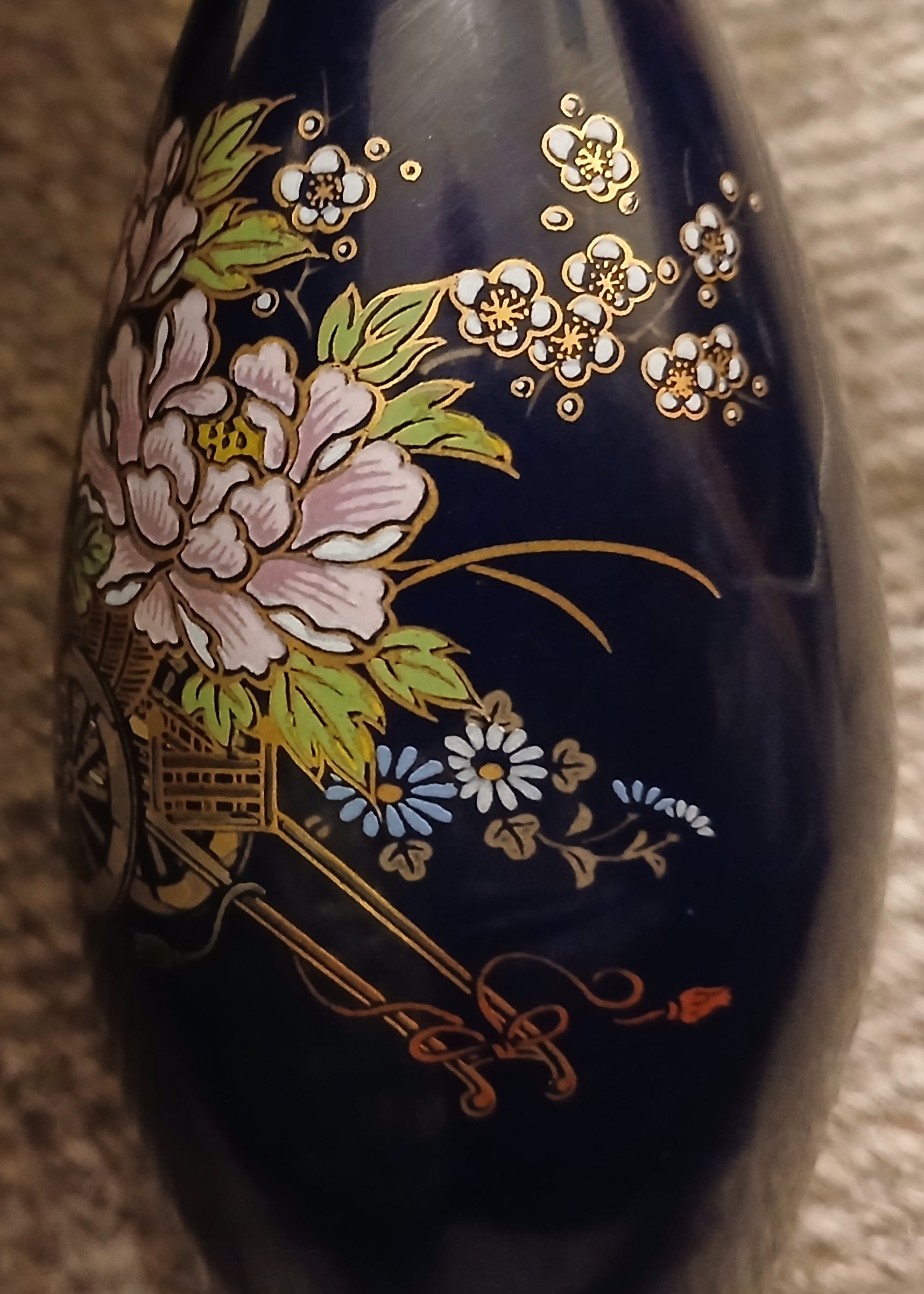 Japanese Fine China Cobalt Blue Vase — Hand-Painted Peony, Cherry Blossom & Ox-Cart - The Plant Warehouse NZ