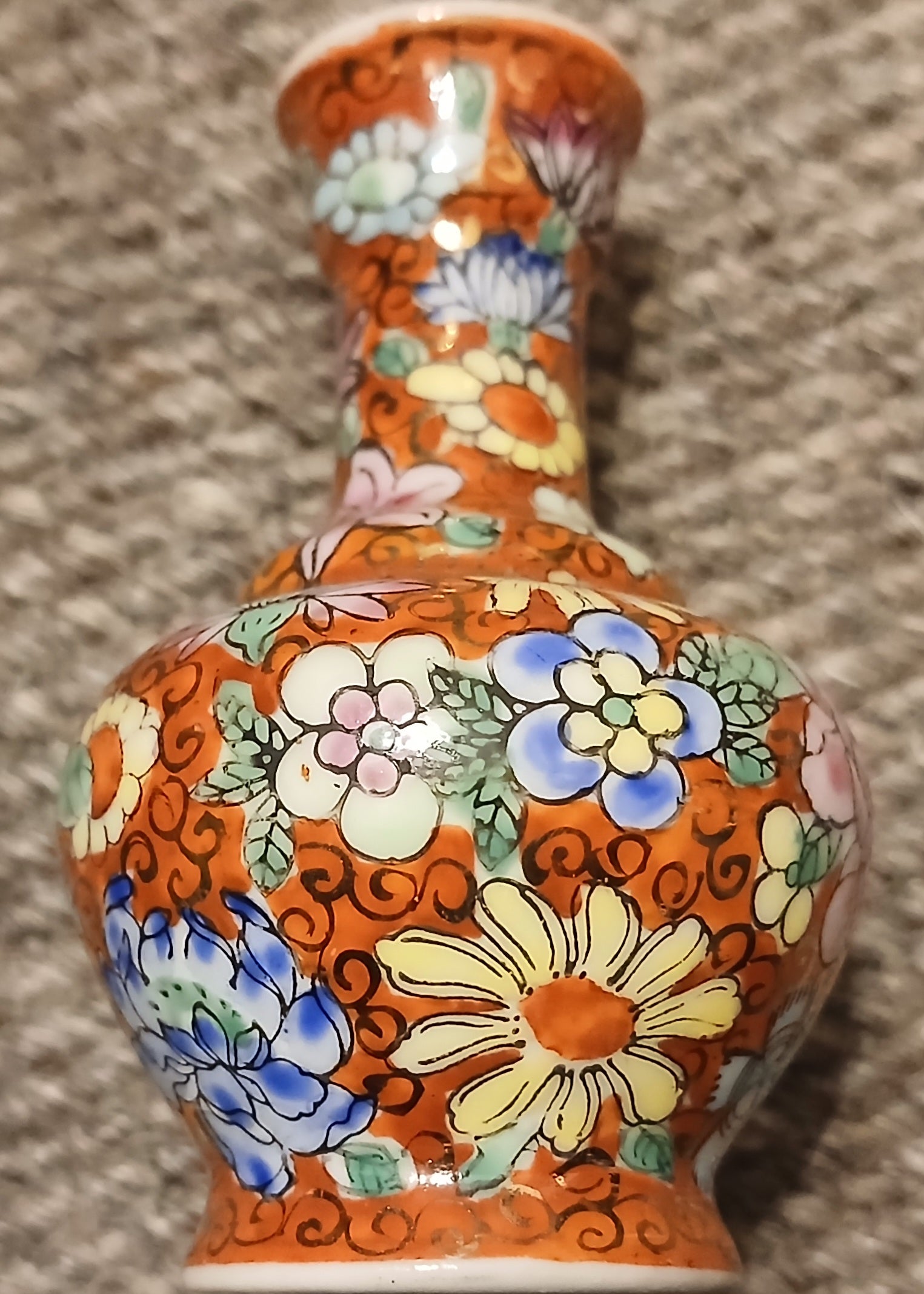 Chinese Porcelain Vase — Orange Ground Hand-Painted Floral Vintage - The Plant Warehouse NZ