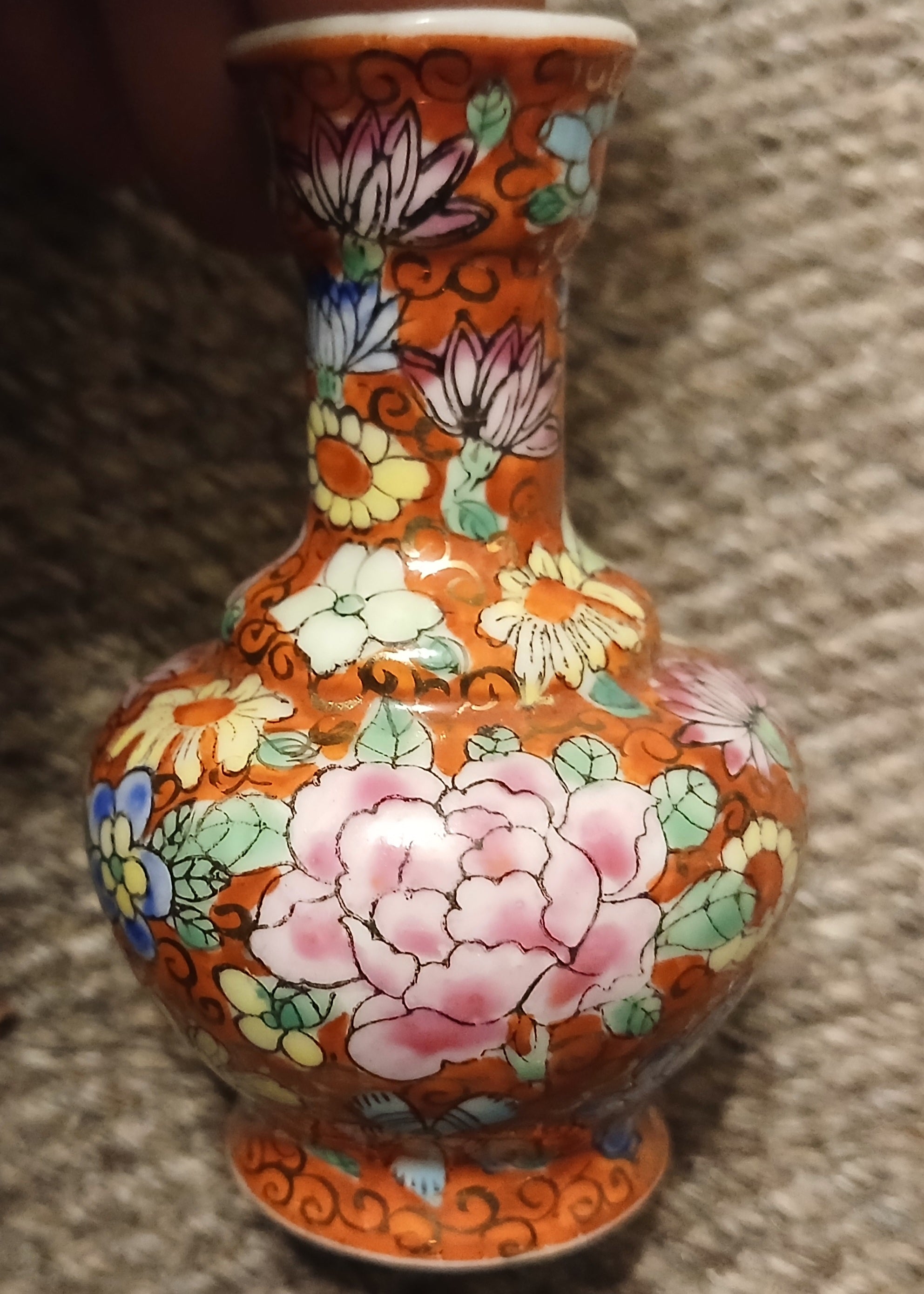 Chinese Porcelain Vase — Orange Ground Hand-Painted Floral Vintage - The Plant Warehouse NZ
