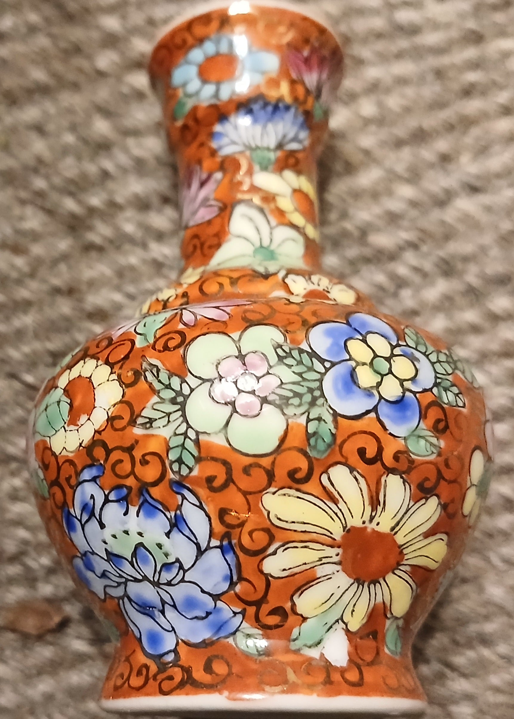 Chinese Porcelain Vase — Orange Ground Hand-Painted Floral Vintage - The Plant Warehouse NZ