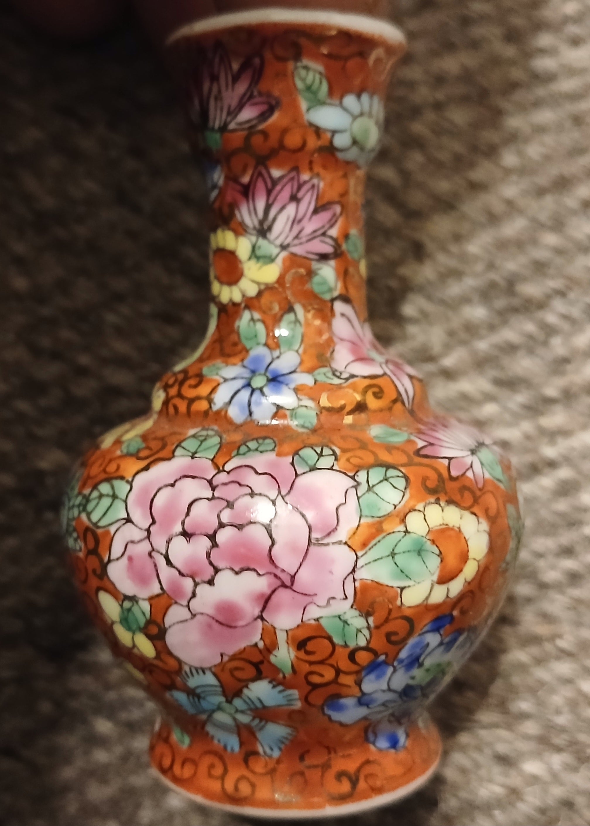 Chinese Porcelain Vase — Orange Ground Hand-Painted Floral Vintage - The Plant Warehouse NZ